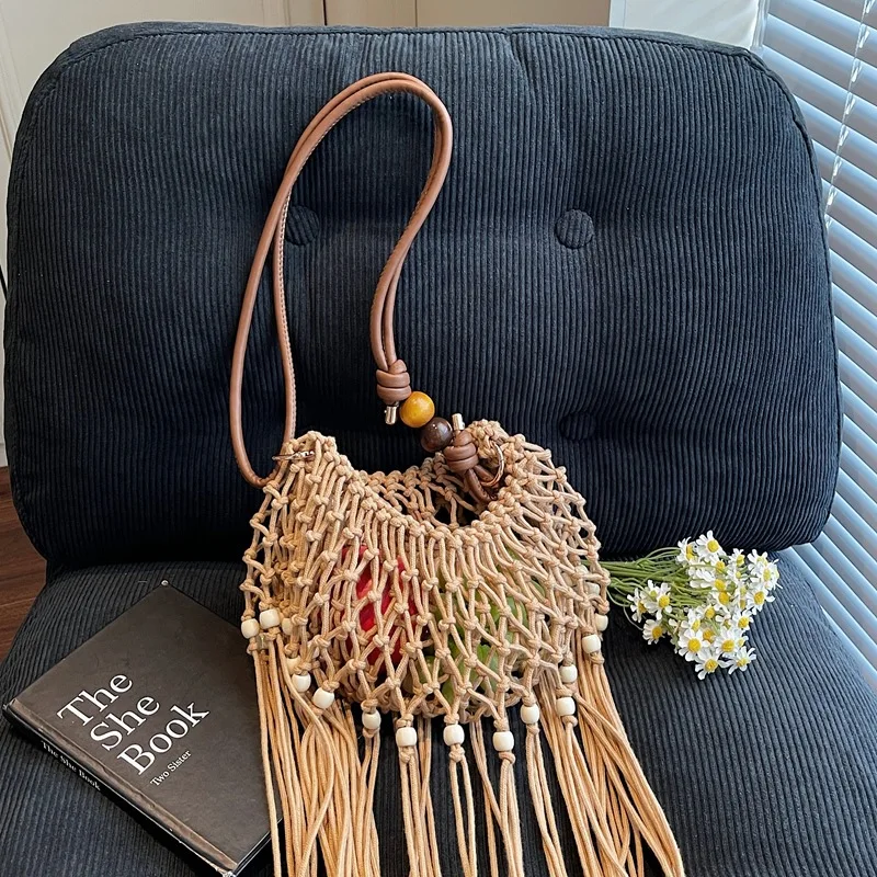Long Tassel Mesh Women Shoulder Bag Hollow Fishing Net Knitting Crossbody Bags Handmade Crochet Hobo Tote Beaded Beach Bag NEW