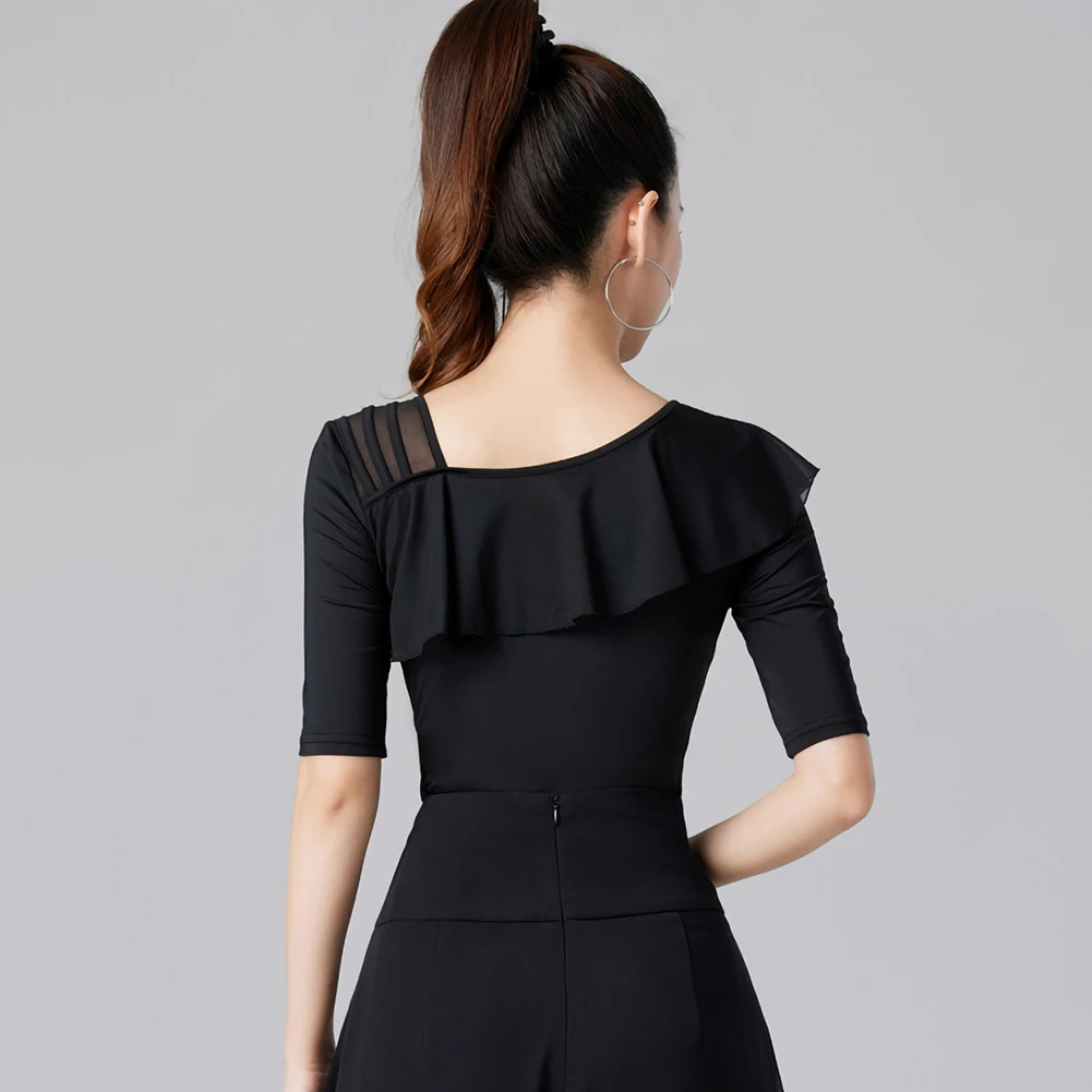 新しいラテンレッド女性のトップブラックサンバ半袖蓮の葉襟シャツ新しいパフォーマンス練習服