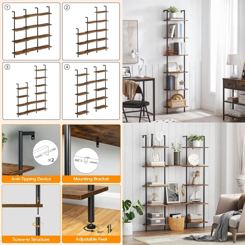 

6-Tier Wall-Mounted Wooden Shelf - Rustic Brown & Black, Perfect for Books, Plants, and Storage in Living Room, Bedroom, Study,