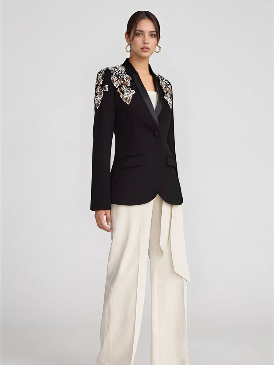 TWOTWINSTYLE 슬림핏 스플라이스 비즈 럭셔리 블레이저 여성용 V넥 긴팔 튜닉 기품 있는 블레이저 여성 의류 신상품