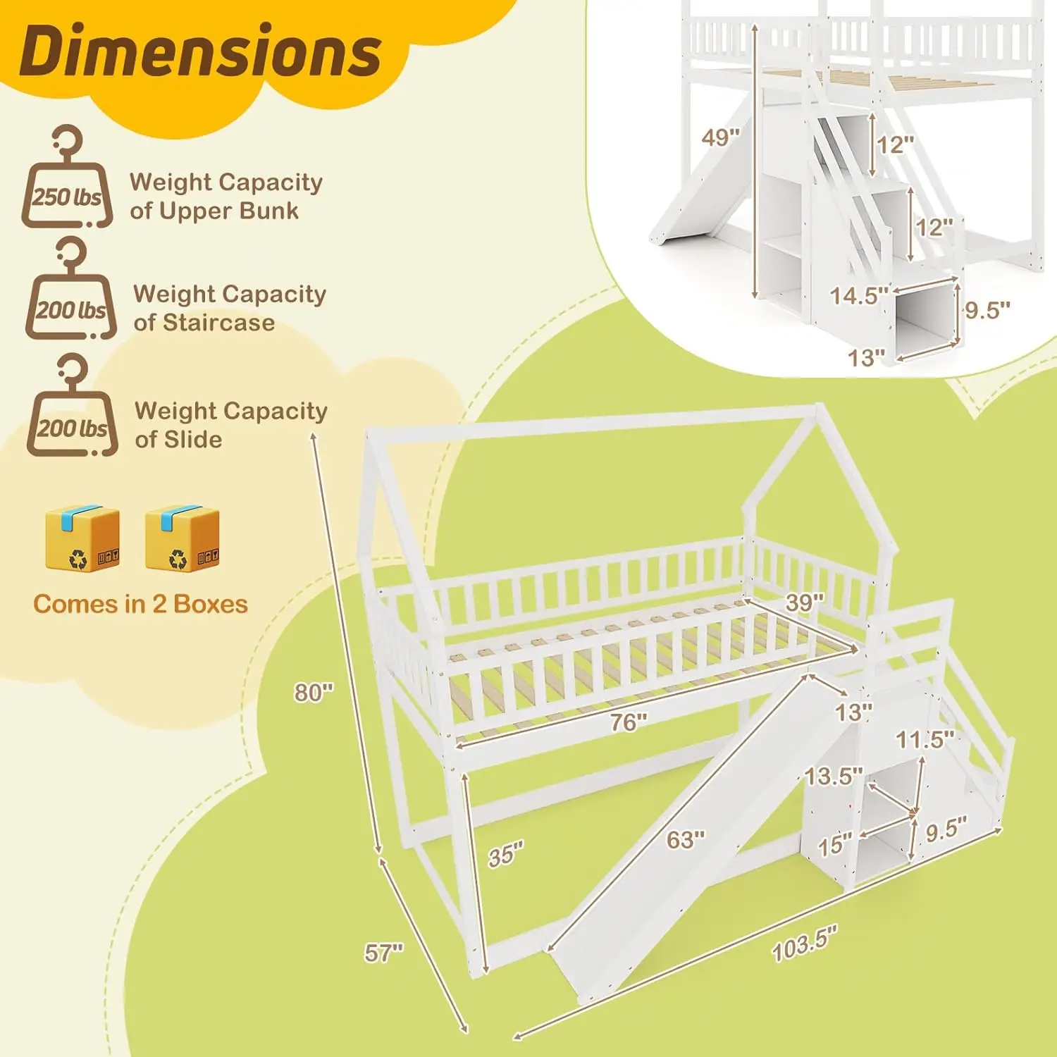 Wood Twin Over Twin Bunk Bed with Slide & Staircase, Twin House Bunk Bed with Safety Guardrails & Storage, Floor, Customized