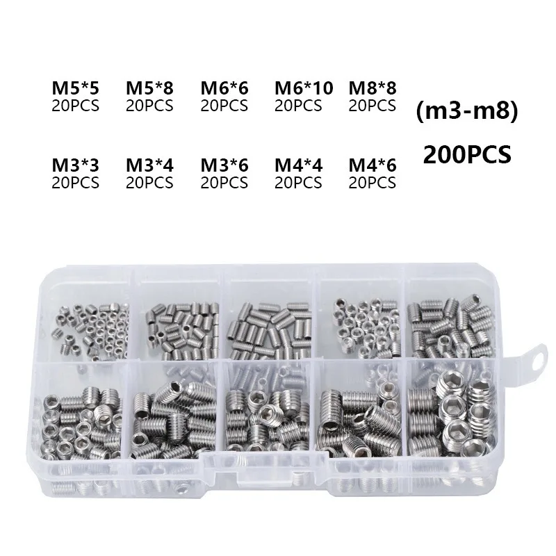 

200pcs Boxed 304 Stainless Steel Concave End Set Screws M3M4M5M6M8 Headless Machine Screw Combination Set