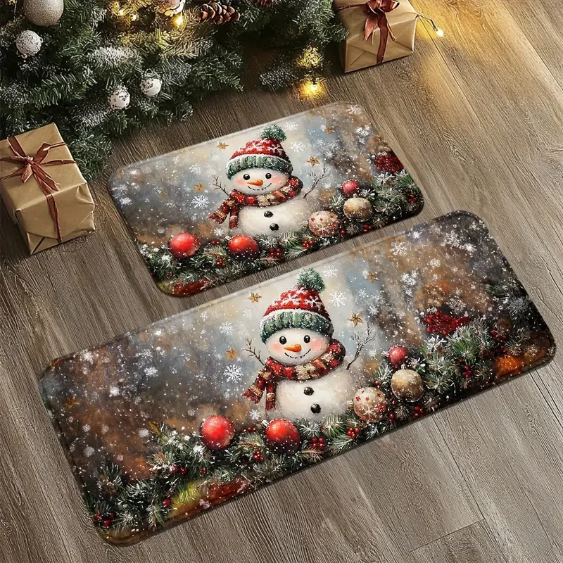 VIKAMA 1PC/2PC  Christmas Doormat Snowman Holly Berries Festive Holiday Entrance Mat with Snowflakes Machine Washable
