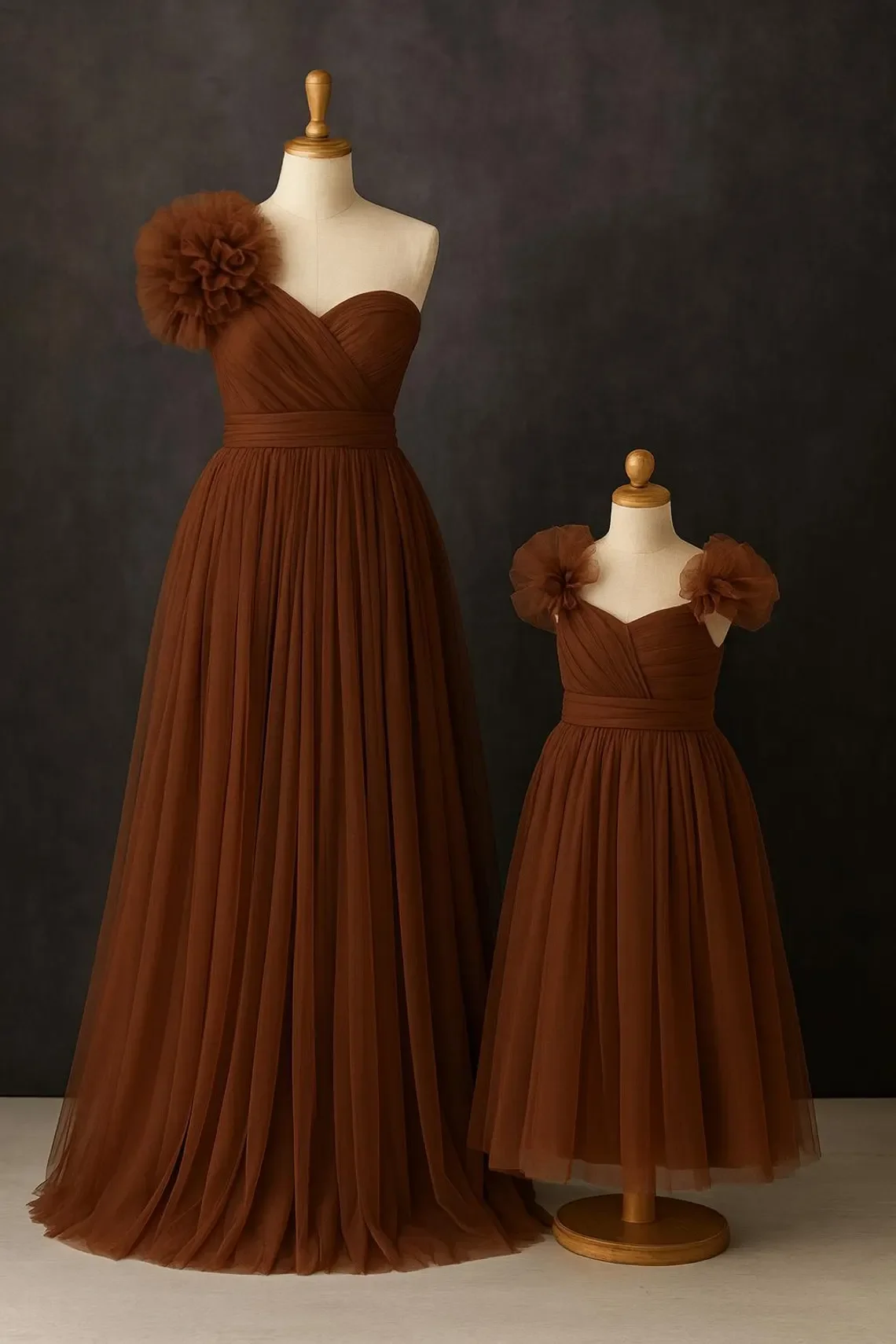 Brown Matching Tulle Mother Daughter Dress Set Customized A-Line Pleated Ruffles Sweetheart Formal Occasion Dresses Real Image