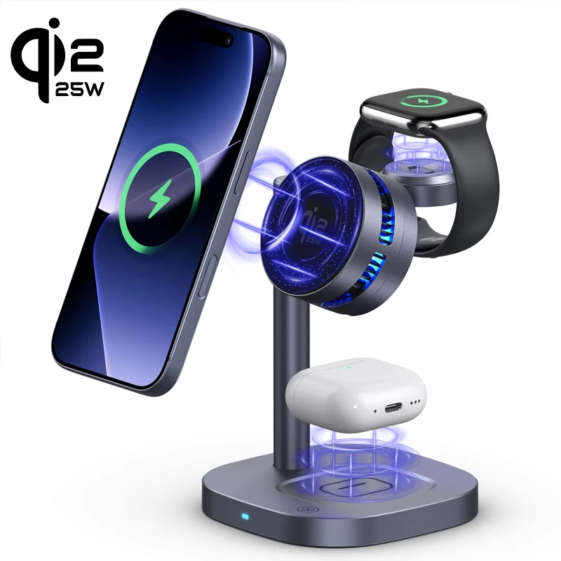 ICE Cooling Qi2.2 25W 3 in 1 Magnetic Wireless Charger Stand Fast Charging For Magsafe iPhone 17 Pro Max Apple Watch 2-8 Airpods