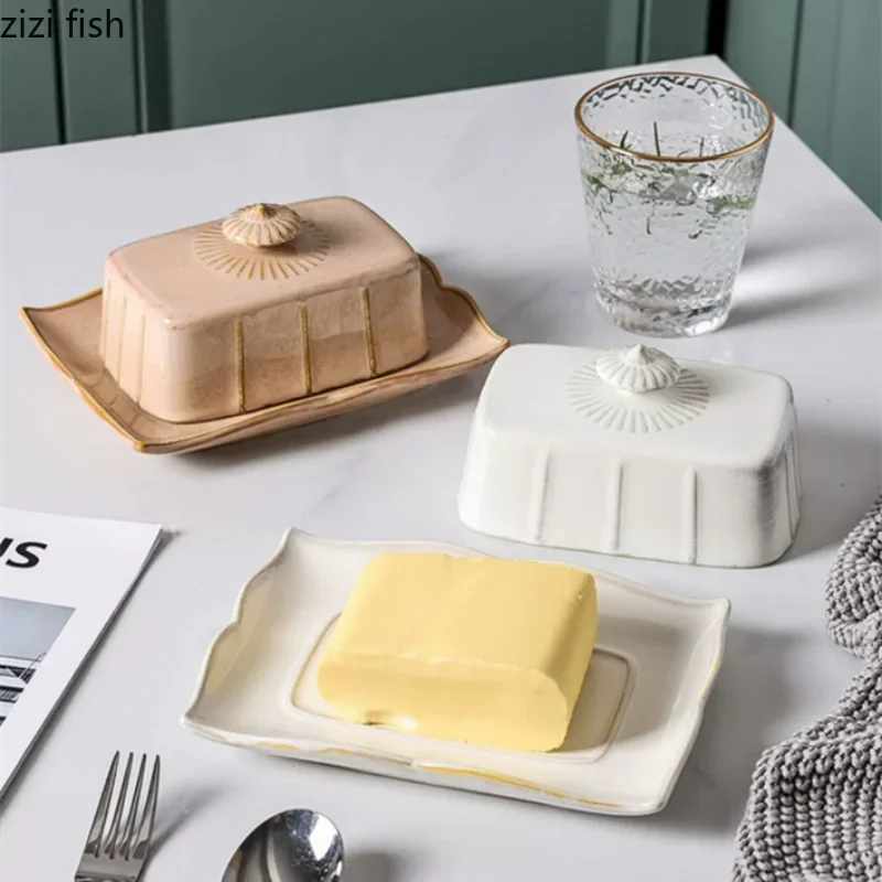 Ceramics Tableware Butter Box with Lid Butter Dish Cheese Plate Dinner Plate Baking Butter Pan Dim Sum Dish Cake Pan Snack Tray