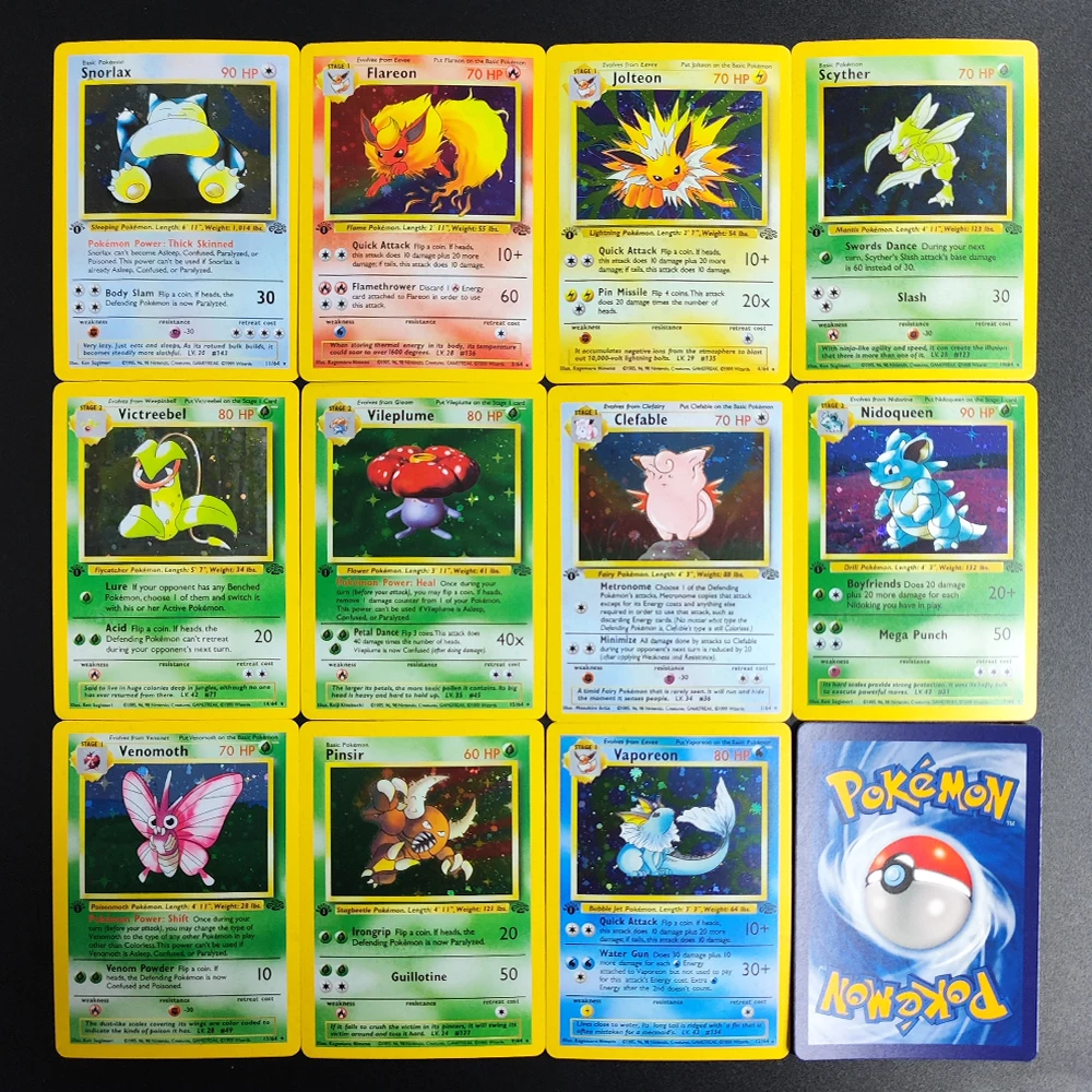 

11 шт., английские коллекционные карты Pokemon Jungle Snorlax Vaporeon Pinsir Flareon Jolteon, самодельная одиночная карта, классические игровые карты