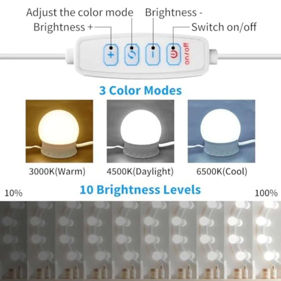 LED Vanity Mirror Lights with Stick On Dimmable, 3000K 4500K 6500K and 10 Brightness Levels Adjustable, Plug in USB Cable, Holl