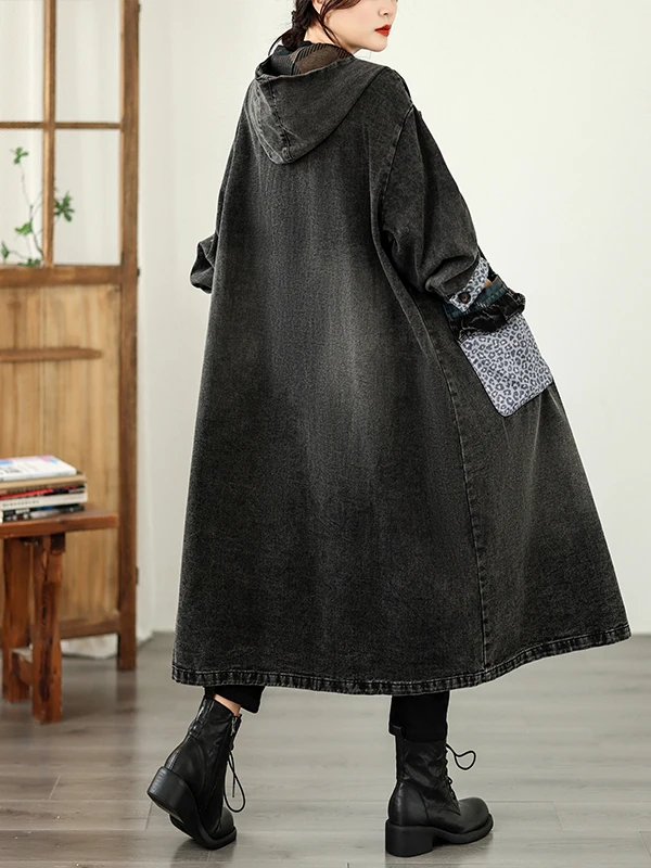 Retro Spliced Women's Denim Jacket with Hat Large Size Loose Fit Mid-Length Windbreaker Coat Casual Korean Style Autumn 2026