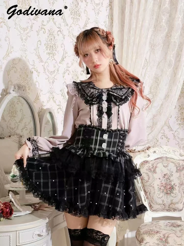 Japanese Mine Series Mass-produced Cute Bow Ribbon Lace Navy Collar Shirt Girls Lolita Rhinestone Lace Blouses Sweet Blusas