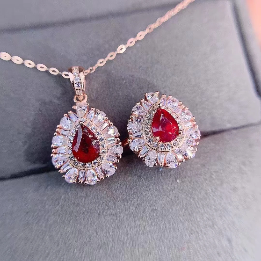 Natural Myanmar Newly Burned Ruby Women's Ring Necklace Set S925 Pure Silver Plated Rose Gold Inlaid Gem Support Testing