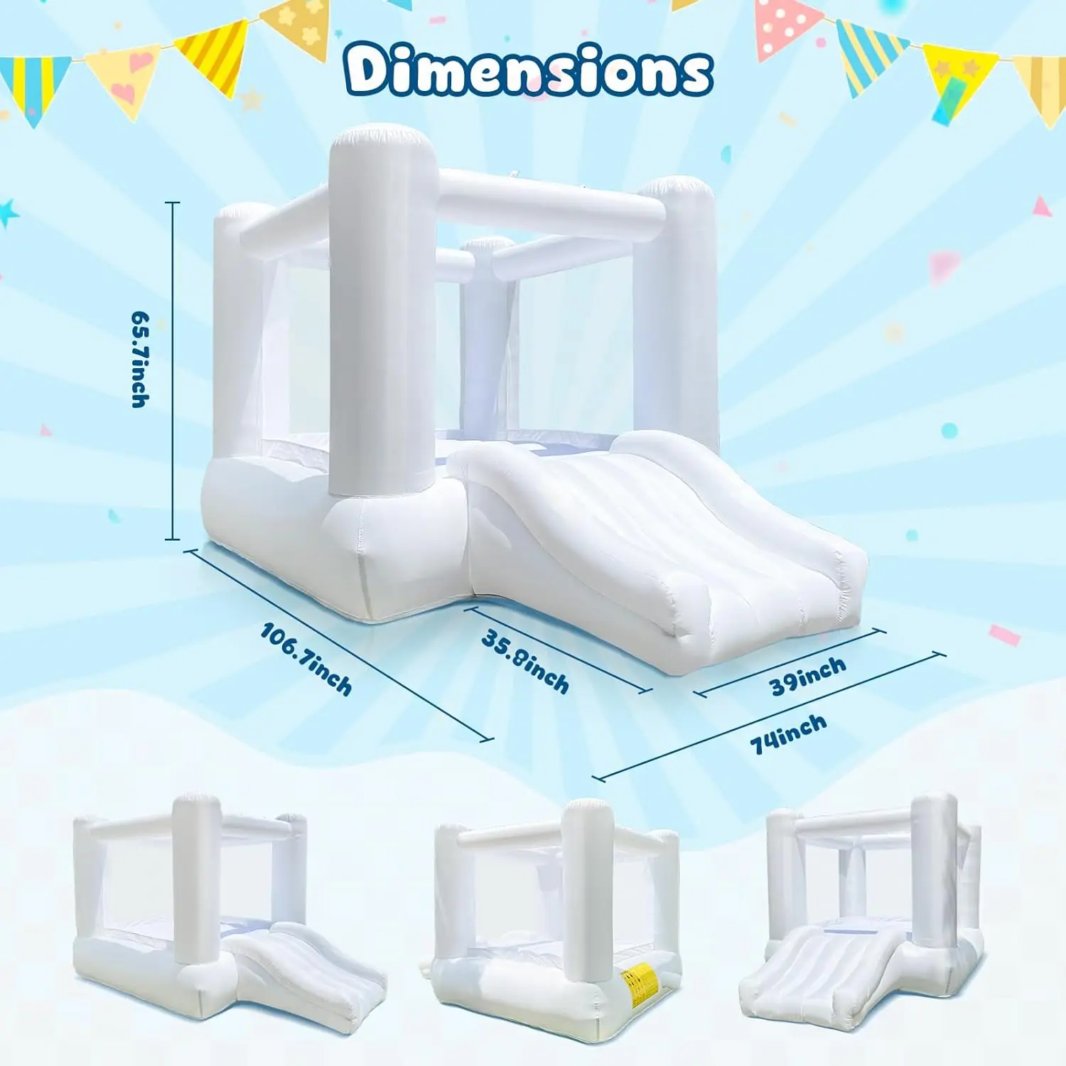 Maison gonflable blanche de rebond à dessus plat de 9x7x6 pieds pour fête des tout-petits avec château gonflable Oxford coulissant comprenant un souffleur (sans bâche)