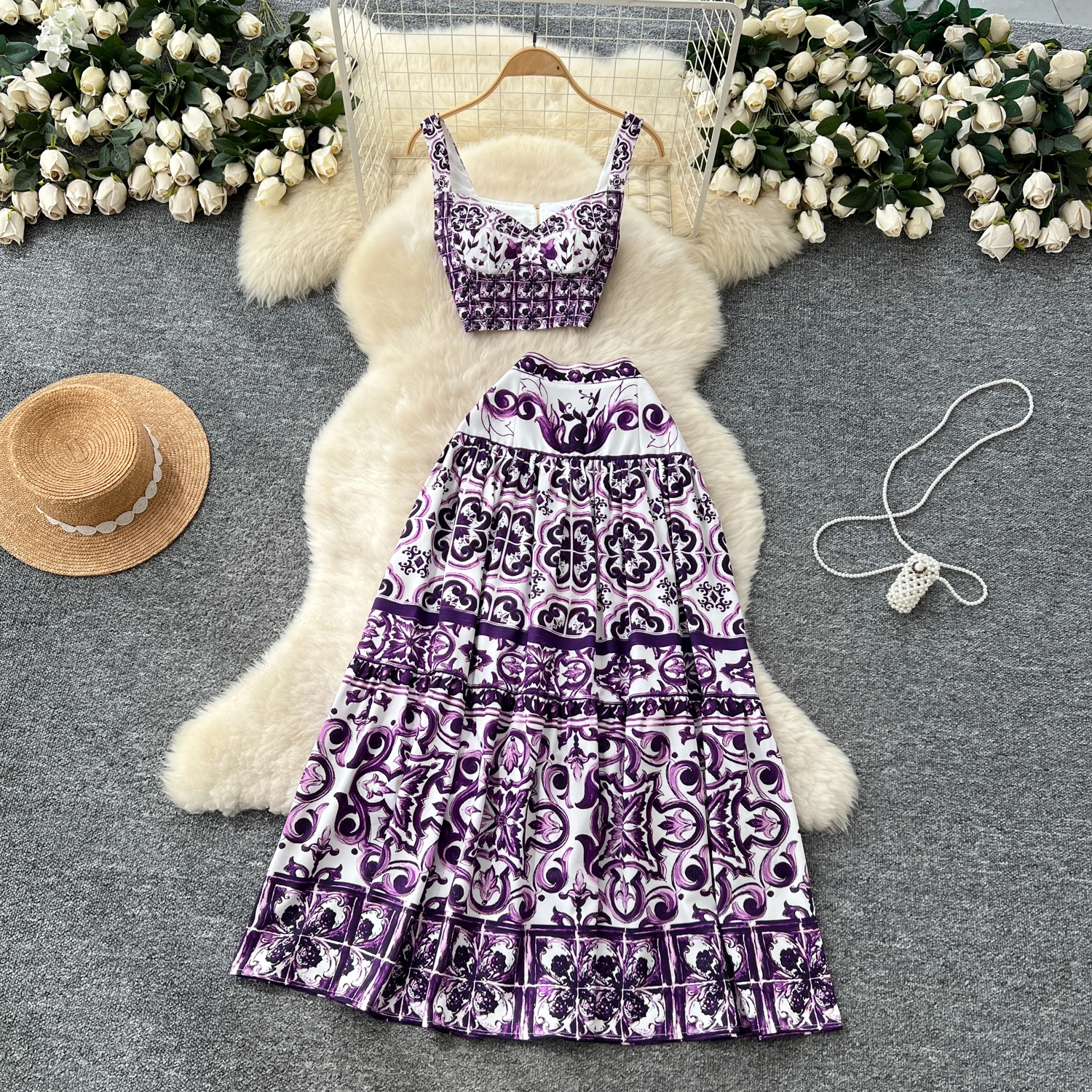 

Beach Sexy Printed 2 Pieces Set Women's Chest Padded Short Crop Tops + A-Line Pleated Long Skirt 2025 Summer Holiday Skirt Set