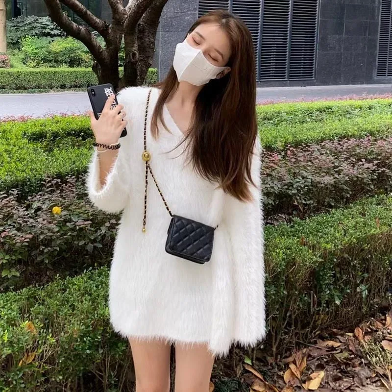 Ele V-Ne mittellange lange Pelz-Strickwaren, weich, weiß, sanft, für Damen, Faion Commute Sle, Kunstpelz, Wärme, Herbst und Winter