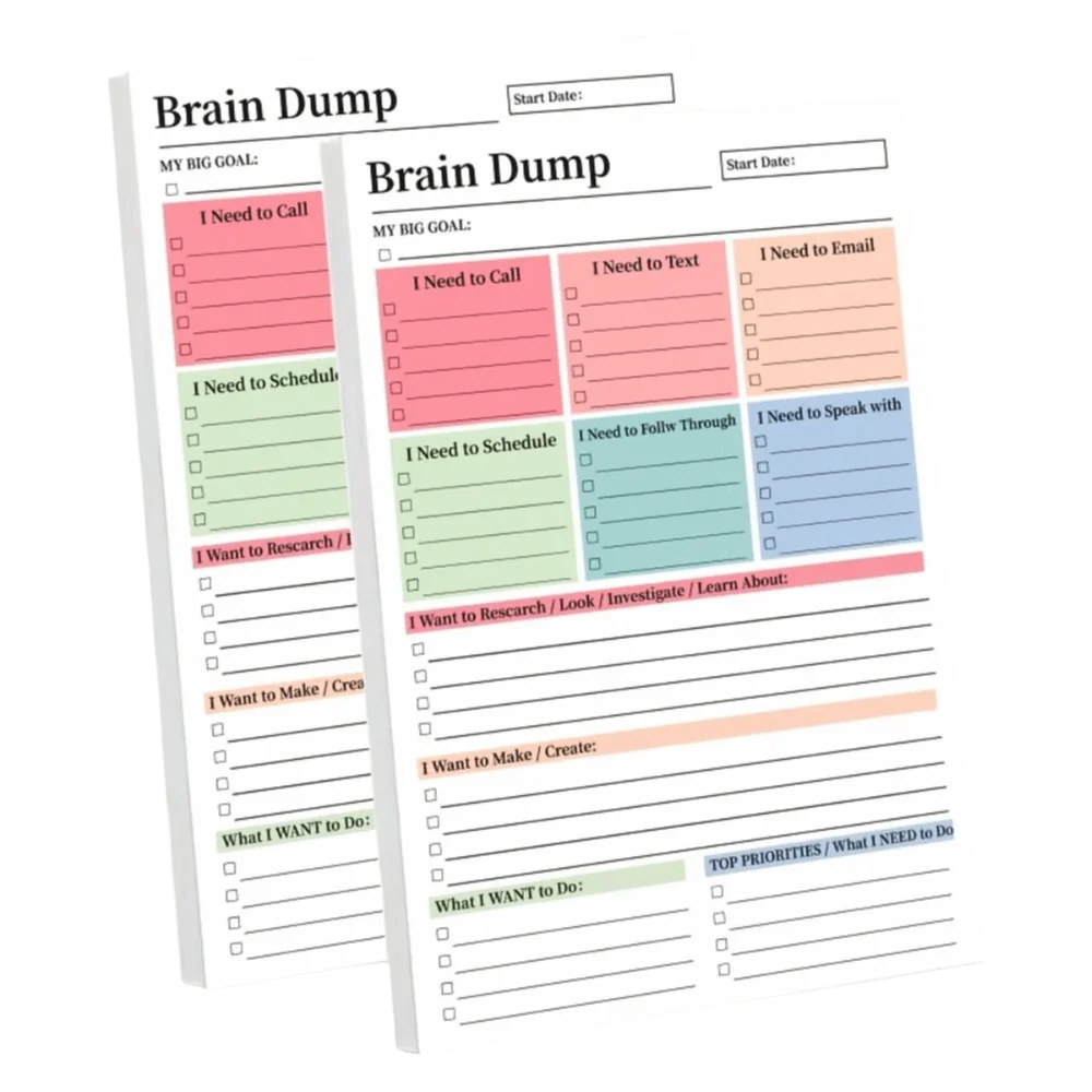 2Pcs 25 Sheets Brain Dump Notebook Tear Away Design A5 Size Daily Planning Manual Minimalist High-Performance To-Do Planner