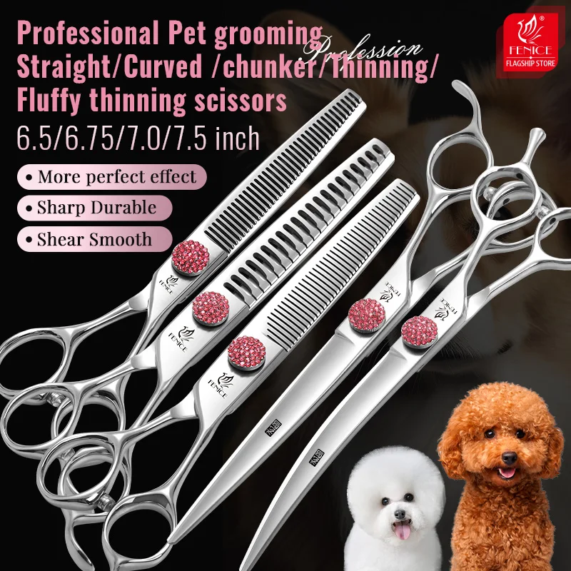 

Fenice Professional 6/6.75/7/7.5 Inch Pet Scissors For Dog Grooming Straight&Thinner&Curved&Chunker Grooming Shears Tool Set