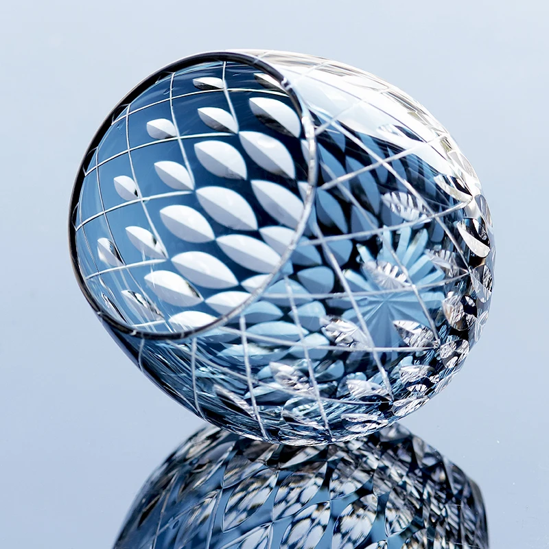 

Hand Carved Japanese Style Whiskey Glass, Color Overlay Crystal Old Fashioned Tumbler with Unique Raindrop Shape