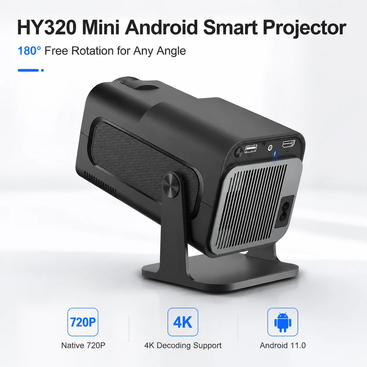 

HY320 Mini Android 11 Projector 300ANSI 720P Support 4K WiFi6 BT5.0 Fast Focus Portable Home Cinema LED Beamer Upgraded