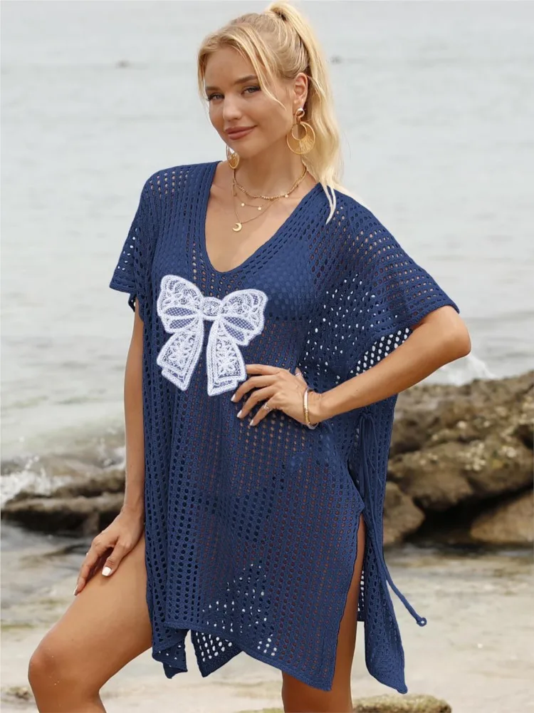 2025 Sexy Mesh V-Neck Side Split Beach Dress Bikini Cover-ups Crochet Tunic Summer Women Clothing Beachwear Cover Up