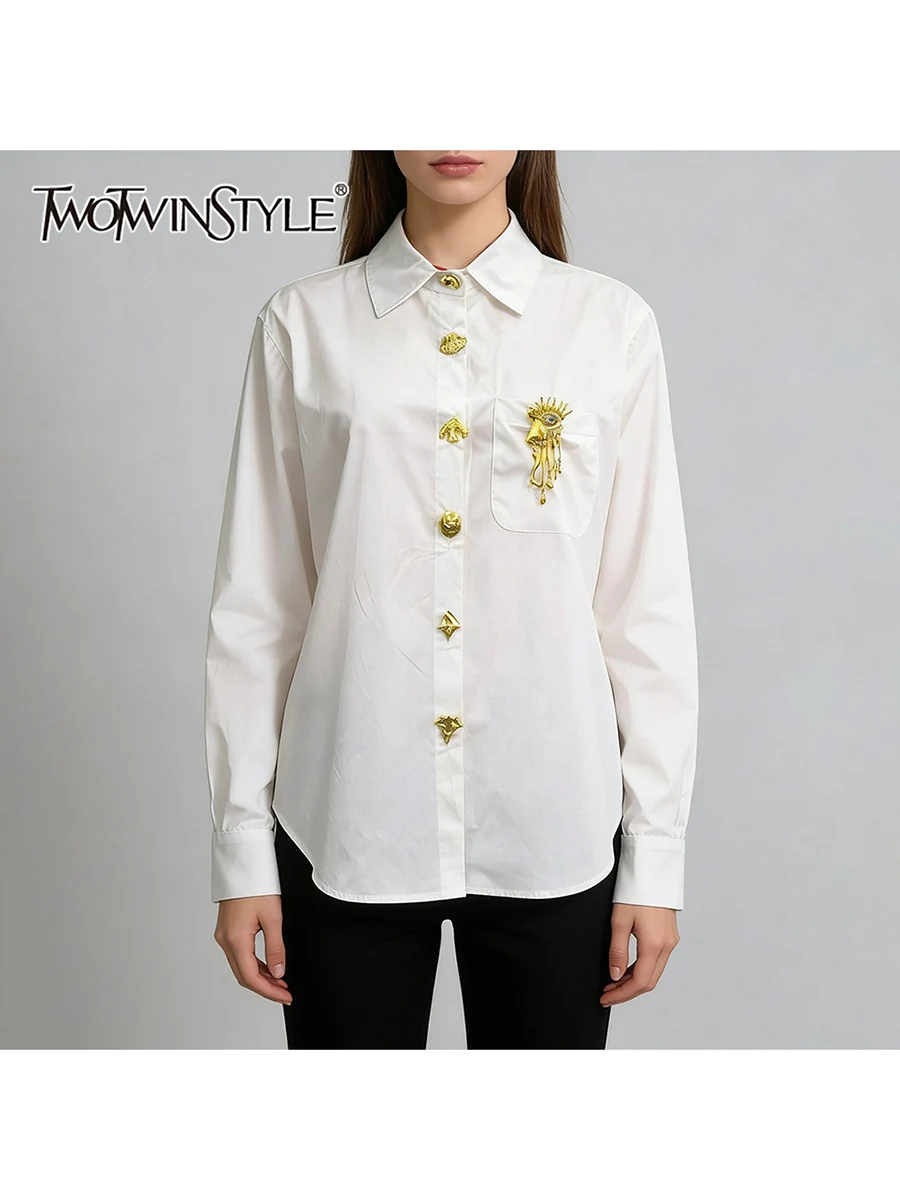 

TWOTWINSTYLE Solid Spliced Irregular Buttons Fashion Shirts for Women Lapel Long Sleeves Patchwork Brooh Casual Shirt Female New