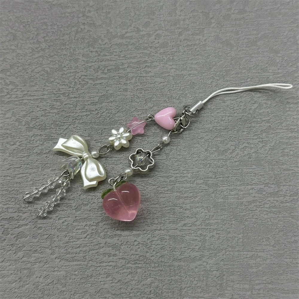 1pcsKawaii الخوخ الهاتف Charms قلادة لطيف Bowknot XYun اليدوية الحلو فتاة المفاتيح آيفون كاميرا سلسلة جديدة الحب القلب