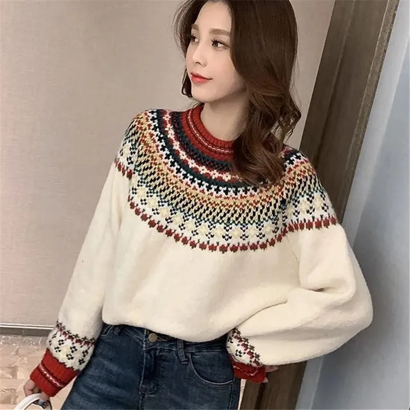 Autumn Winter New Sweater Women\'s Stitching Jacquard Round Neck Pullover Top Loose Fashion Commuter Knitted Female Clothing M356