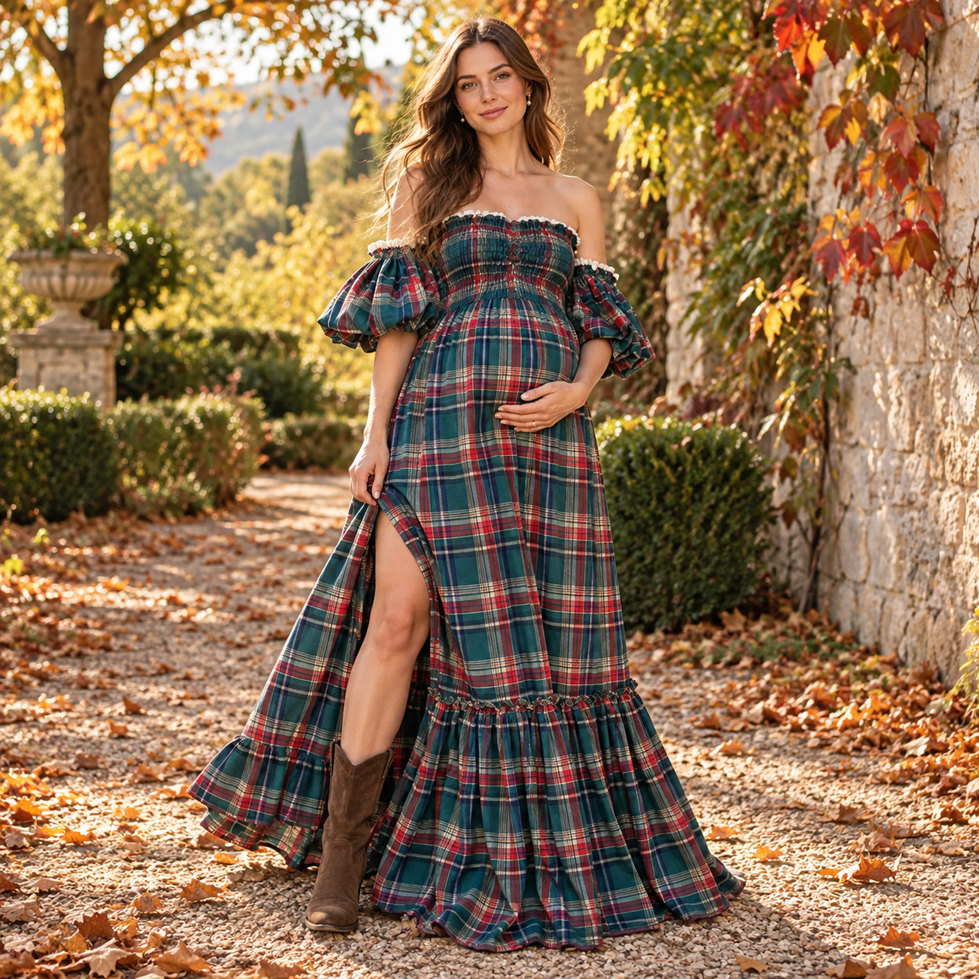 Don&Judy Off-Shoulder Plaid Smocked Bodice Puff Sleeve Tiered Evening Gown with Floor-Length Train For Party Formal Occasions