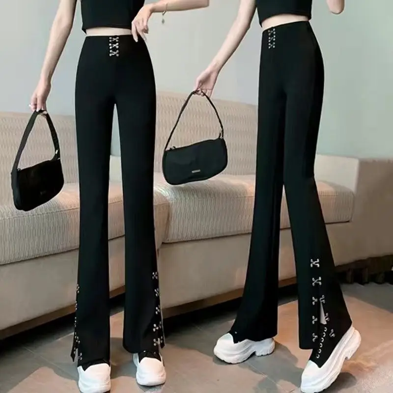 Korean Fashion Versatile Spring Autumn Flare Pants Women Solid Color High Waist Elastic Casual Slit Wide Leg Trousers 2026 WJ674