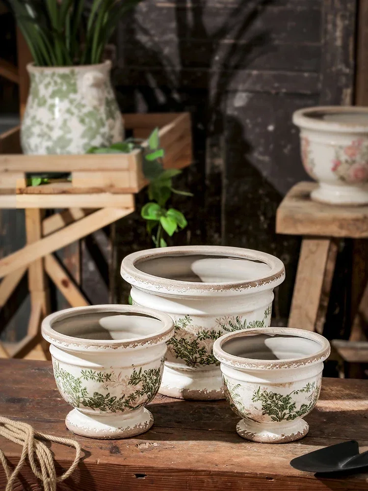 Vase Ceramic Underglaze Color Pastoral Large Capacity Potted Plant Suitable for Balcony Indoor Outdoor Courtyard European Style