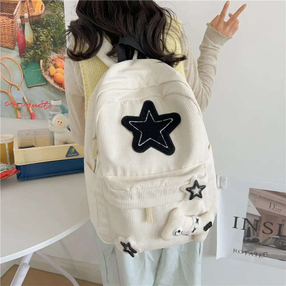 Korean Y2K Harajuku Corduroy Backpack B&W Star Patch Goth Skull Doll Cute Japanese Streetwear Student Rucksack Teen Girls