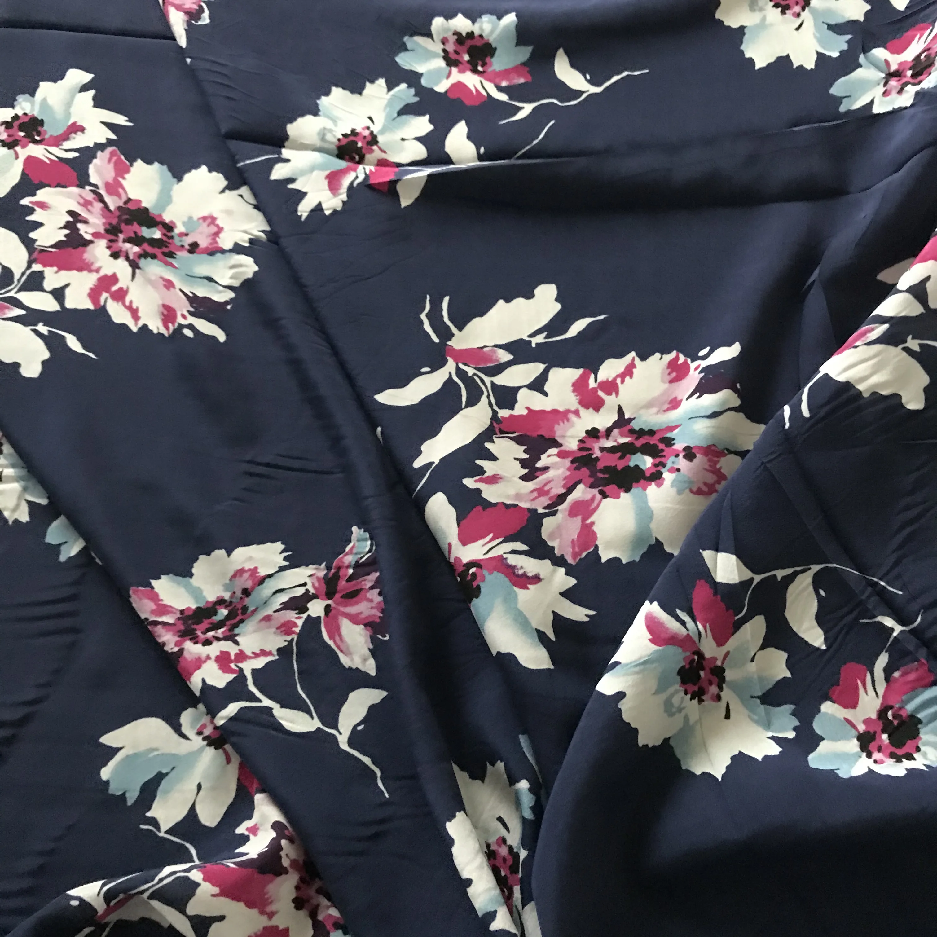 1 meter 100% Mulberry Silk 14 momme Crepe Silk Fabric Navy Blue Floral Printed 138cm 54