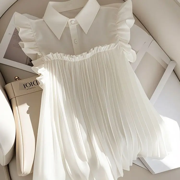 

Korejpaa French Style White Chiffon Blouse Gentle Shirt Casual Flying Sleeves Shirts Korean Fashion Turn-down Collar Pleated Top