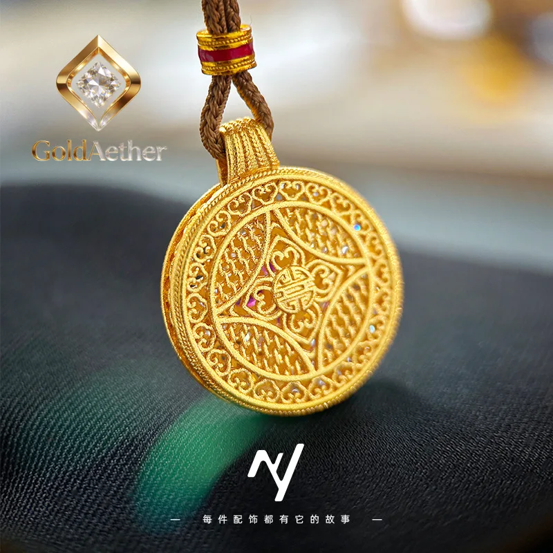 GoldNouveau Luxury 24K 9999 Pure Gold real gold Women's Point Diamond Four-leaf Flower Money Compasses Pendant Necklace