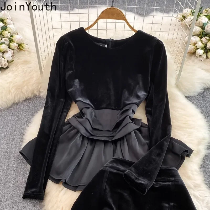 Women Clothing Skirt Sets 2 Piece Suit O-neck Slim Waist Ruffles Tops High Waist Bodycon Skirts Outfits Vintage Velvet Black Set