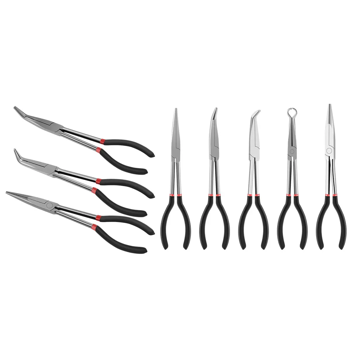 3Pcs Needle Nose Pliers Set 11 Inch Carbon Steel Long Reach Pliers Non-slip Straight Bent Nose Pliers O-Shaped Circle Pliers