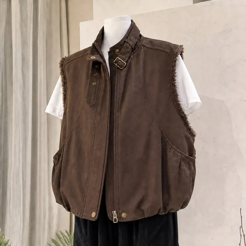Autumn Winter Women Vest Jackets Loose Fleece Lined Windproof Warm Zipper Pockets Wool Trim Vintage Casual Style Outerwear Tops