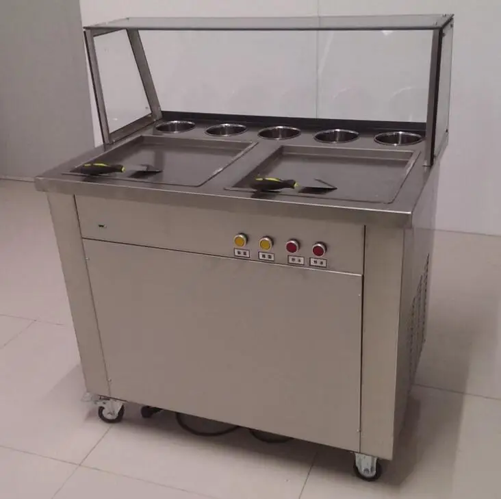 Free shipping by sea  double square pans with 5 topping tanks of fried ice cream roll machine with R410A Refrigerant