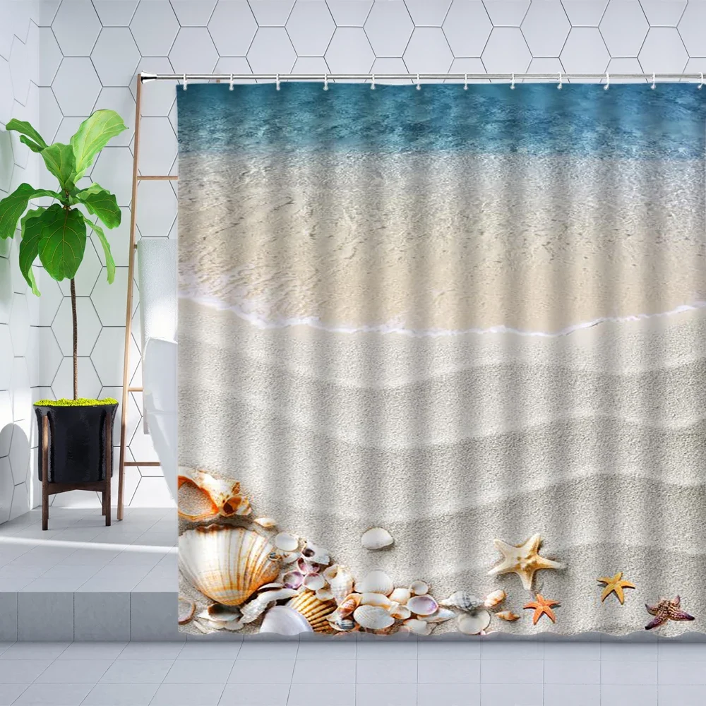 Summer Beach Shell Shower Curtain Starfish Sea Scenery Bathroom Wall Decoration Cloth Bathtub Screen Hanging Curtains polyester