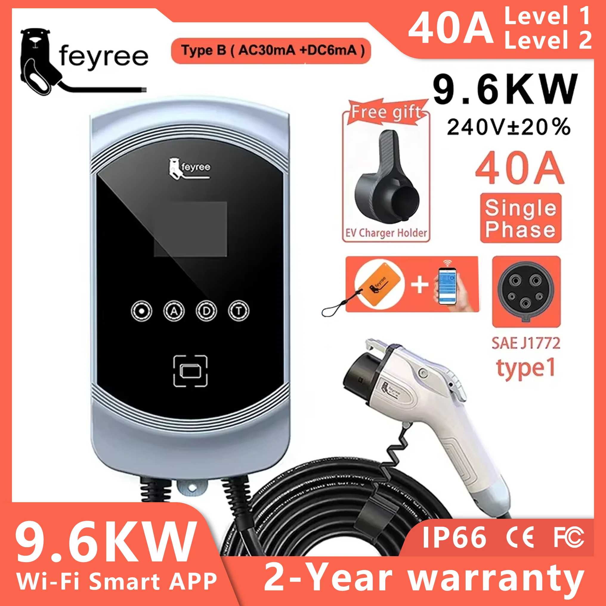 feyree APP Control EV Charger Type1 Cable j1772 Socket 32A 40A 50A Single Phase EVSE Wallbox Charging Station for Electric Car