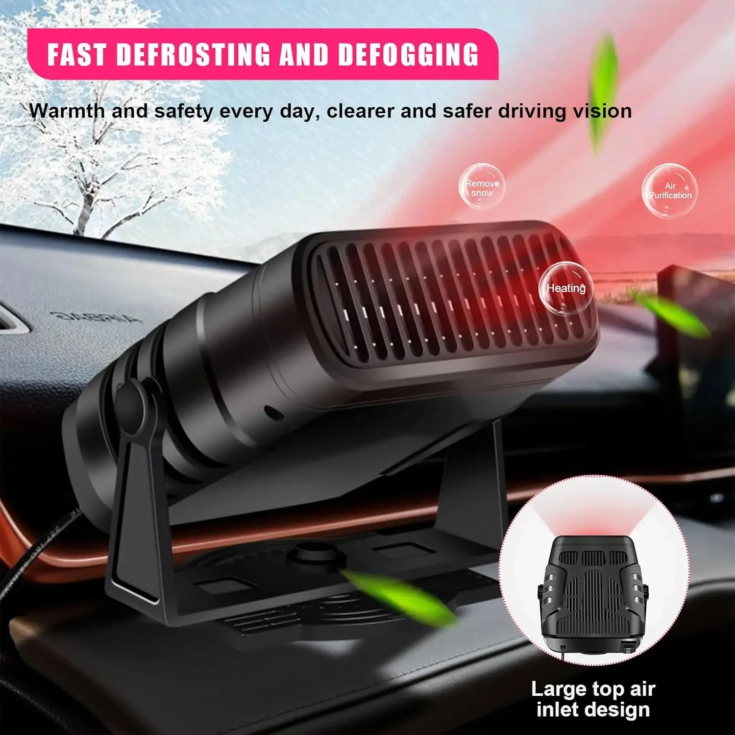 Car Heater Portable Auto Windshield Defogger with Plug in Cigarette Lighter Auto Dryer with 360° Rotating Base Car Accessories