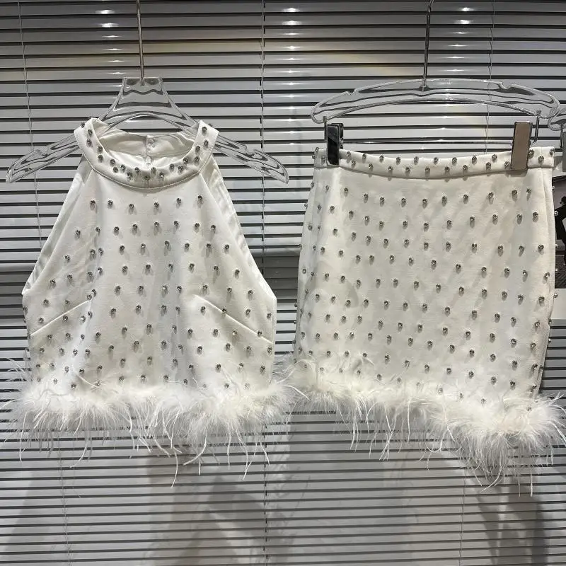 2025 Summer New Rhinestone Beaded Feather Fringe Halter Women's Sling Original Design Punk Bodycon Sexy Short Skirt Suits Ladies