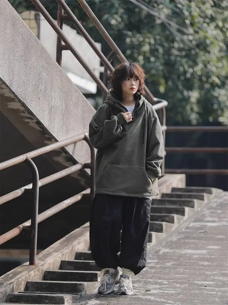 A Yu Dai Japanese Retro Fleece Lined Hoodie Women's & Men's Loose Fit Thickened Pullover Autumn Winter American Style