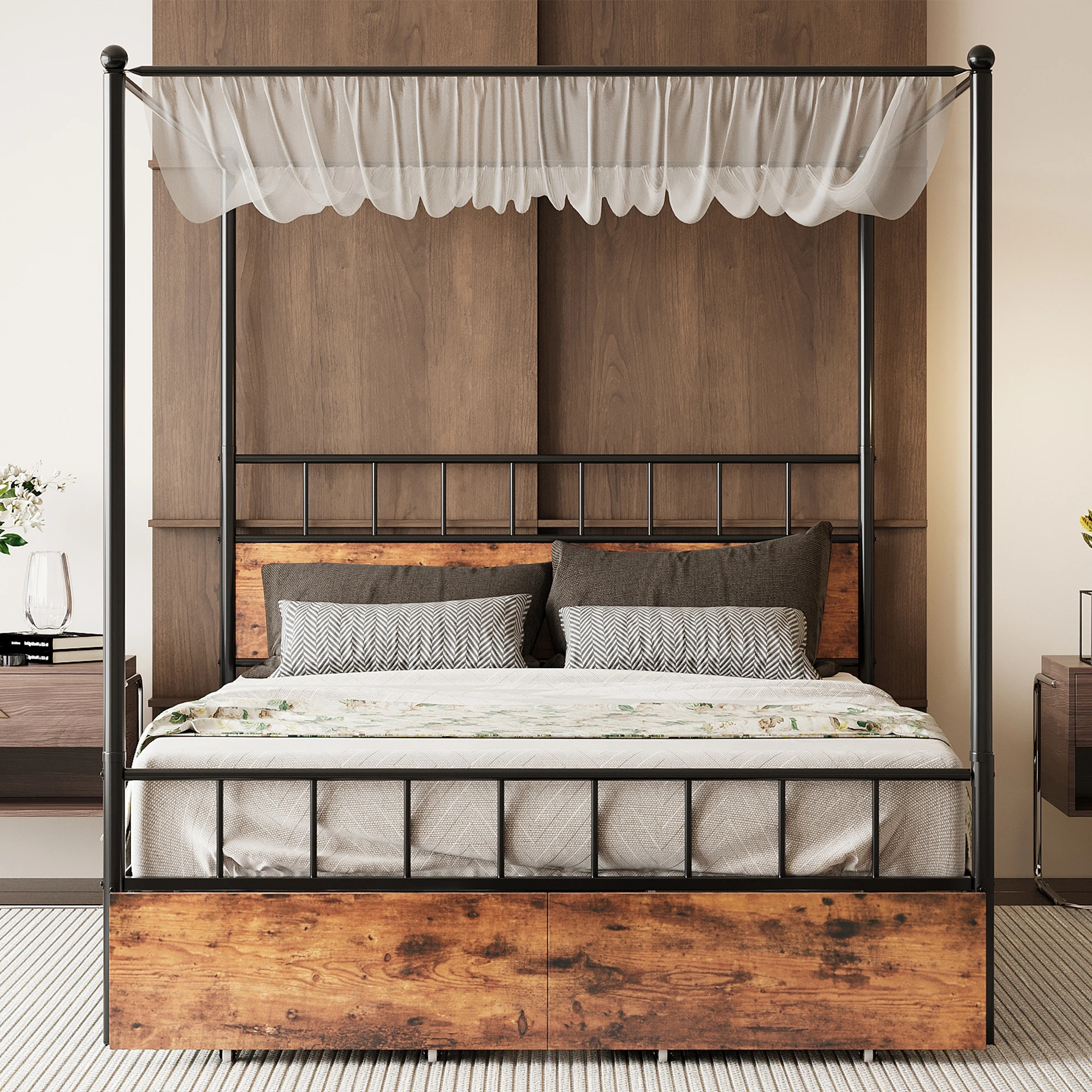 LIKIMIO Canopy Bed Frame Queen with Wooden Headboard and Drawer, Queen Size Bed Frame with Removable Sturdy Posts,Rustic Brown