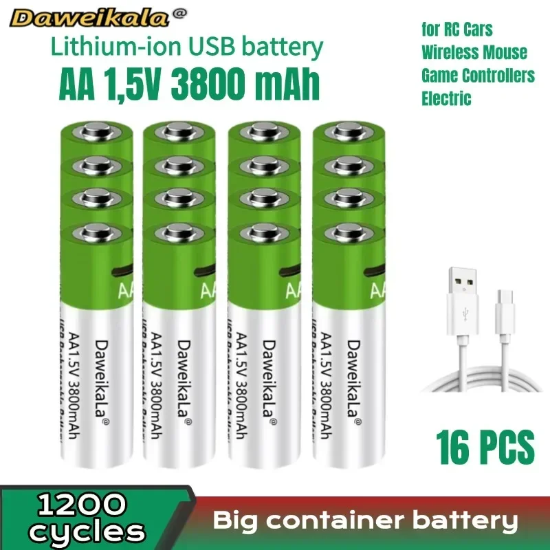 2024 신형 1.5V AA USB 충전식 배터리 3800mAh 리튬이온 배터리 (리모컨, 마우스, 전자 장난감용) + C타입 케이블