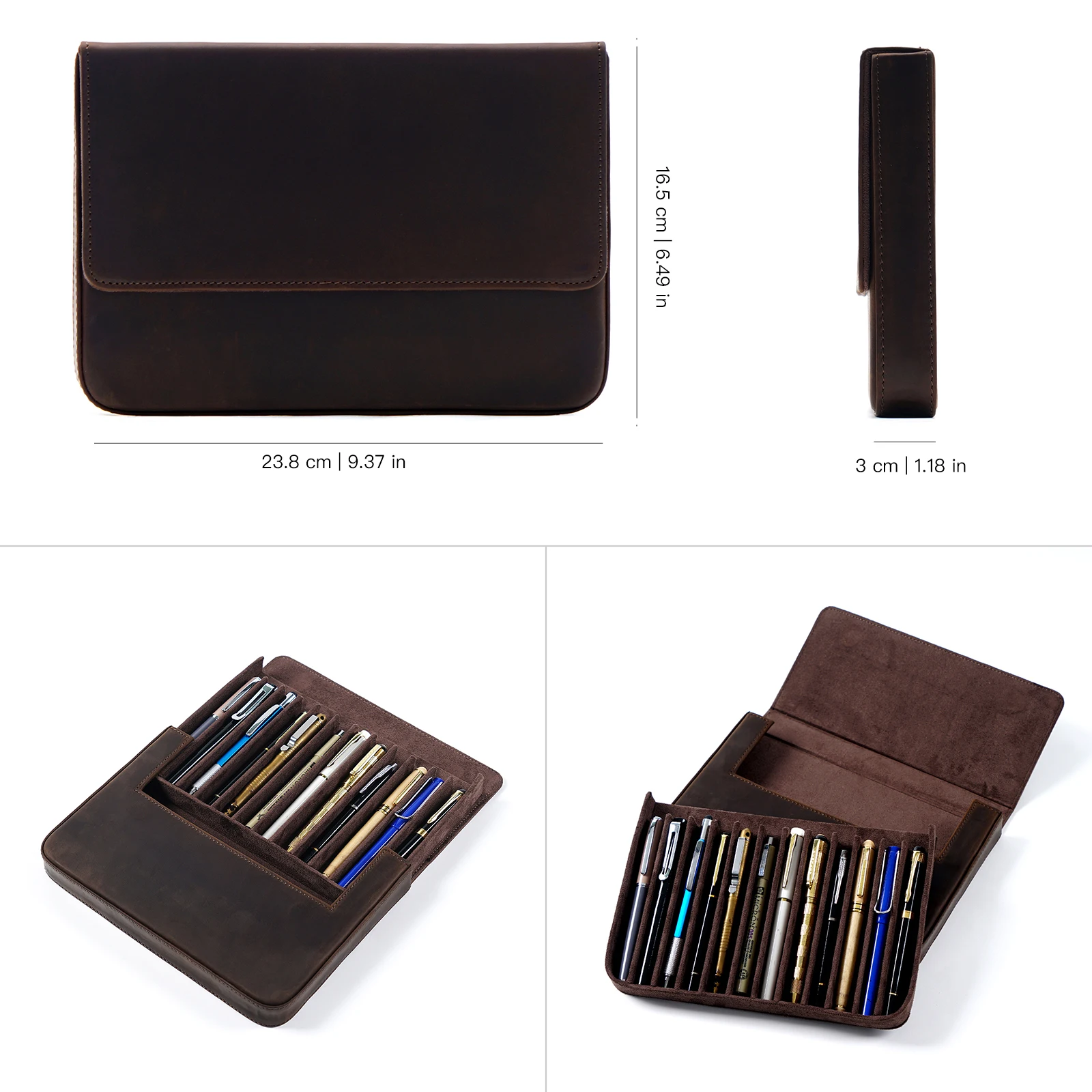 Genuine Leather Pen Pouch Case with 12 Slots Removable Pen Tray Holder Retro Pen Bags High-end School Office Supplies