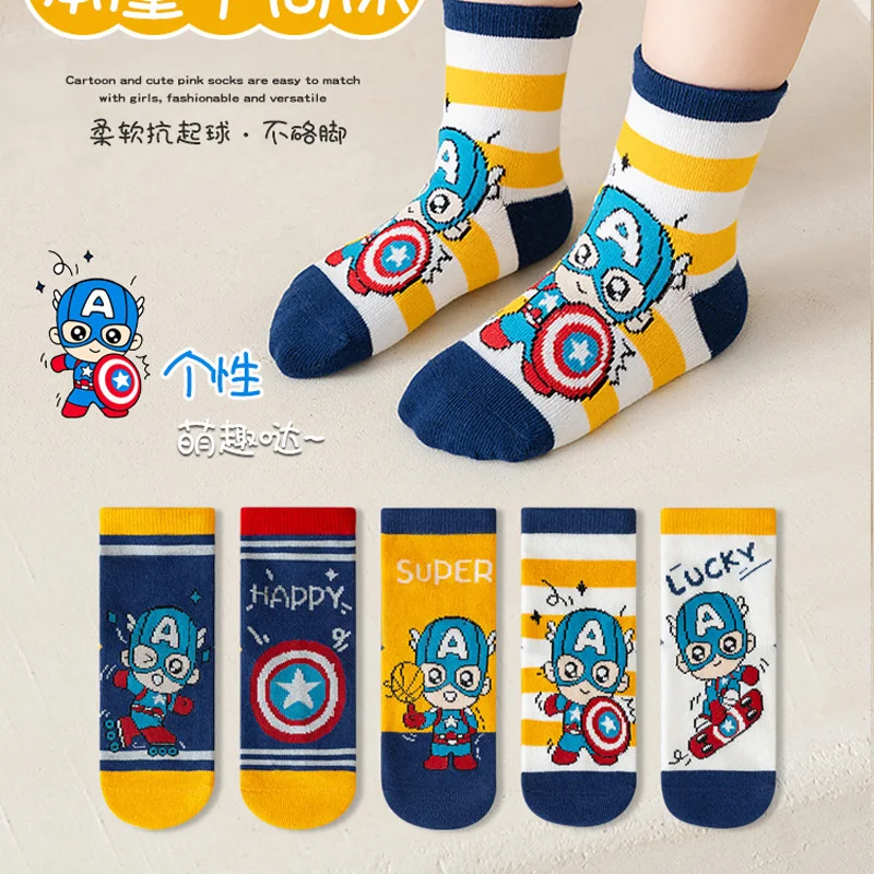 

5 Pairs Cotton The Avengers Socks Cartoon Kawaii Children's Summer Mesh Breathable Short Socks Thin Kid socks Girls and Boys