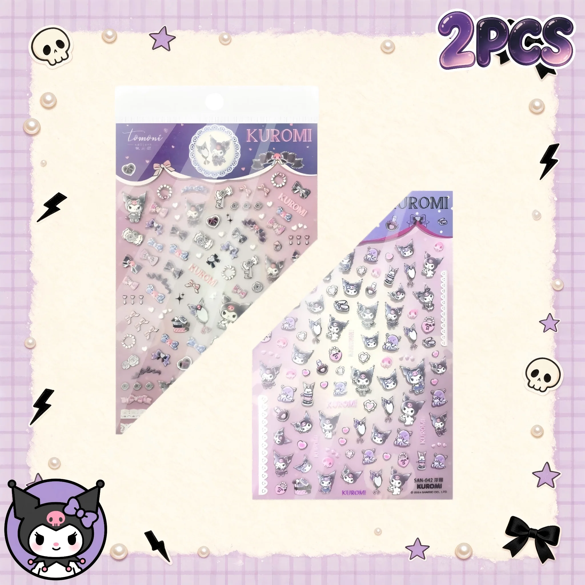 2 PCS Kawaii Sanrio Series Nail Decals 5D Raised Mixed Lovely Character Pattern Ultra Thin Versatile Nail Art Decor Stickers