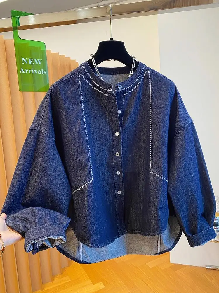 Women Round Collar Denim Shirt Jacket 2026 Autumn Bright Line Decoration Loose Thin Elegant Casual Office Lady Outerwear Tops