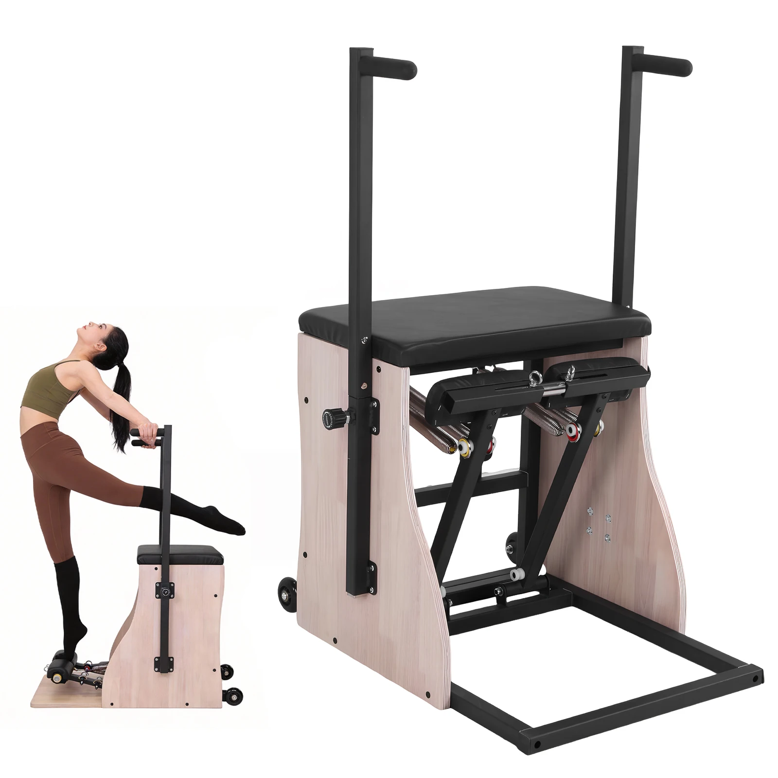 

Oak Wood Pilates Combo Chair with Adjustable Resistance with Springs Split Pedal Handles Equipment for Home Use Gym Workout