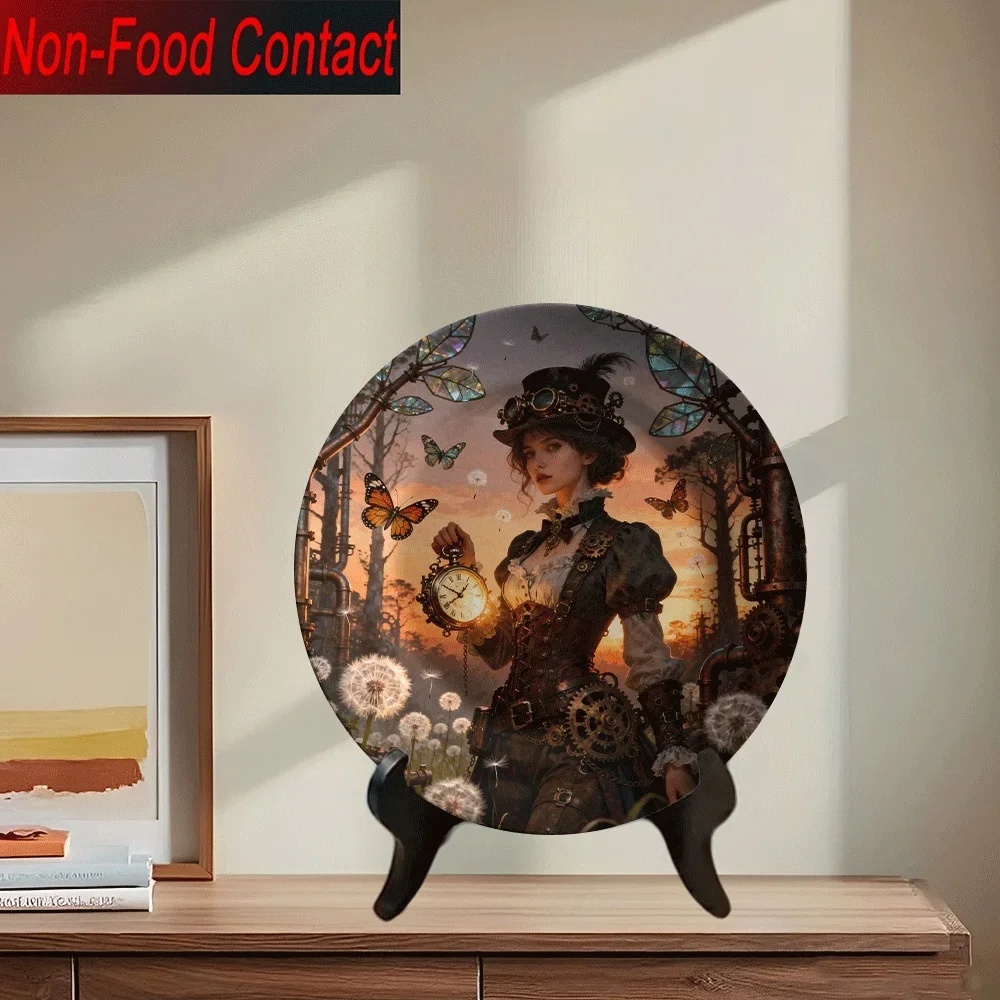2D Flat, 1pc Steampunk Girl & Gear Print Ceramic Decorative Plate - Non-Food Contact Wall Art for Home, Office, or Bedroom,